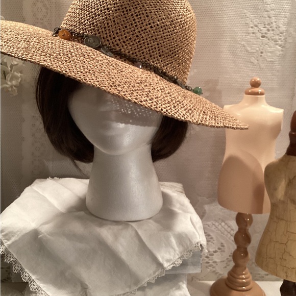 Natural Straw Women’s Summer Floppy Hat/ Distressed Coin /Beaded Charm Band - Picture 11 of 11